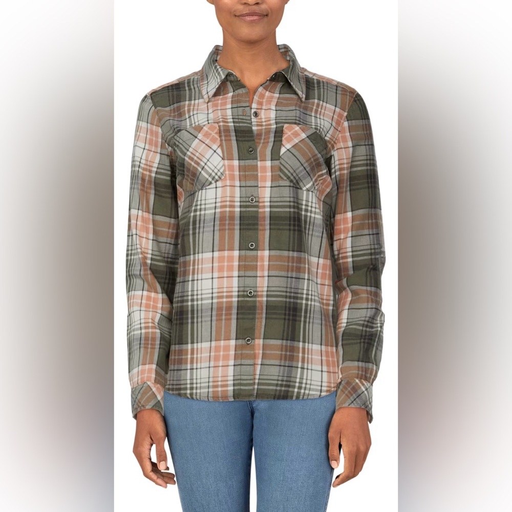 Natural Reflections Acid-Wash Twill Button-Up Long Sleeve Shirt Olive Plaid L